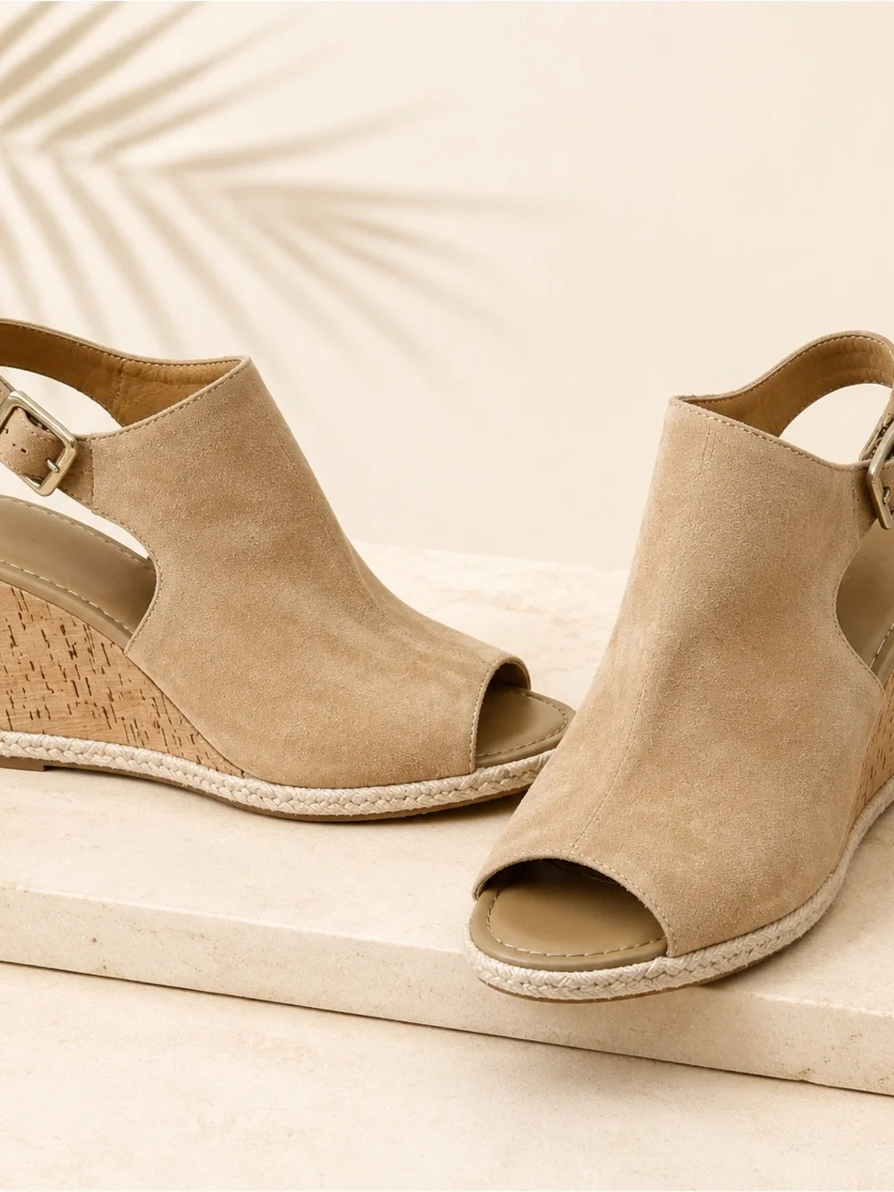 Franco Sarto Beige Suede Peep-Toe Espadrille Wedges